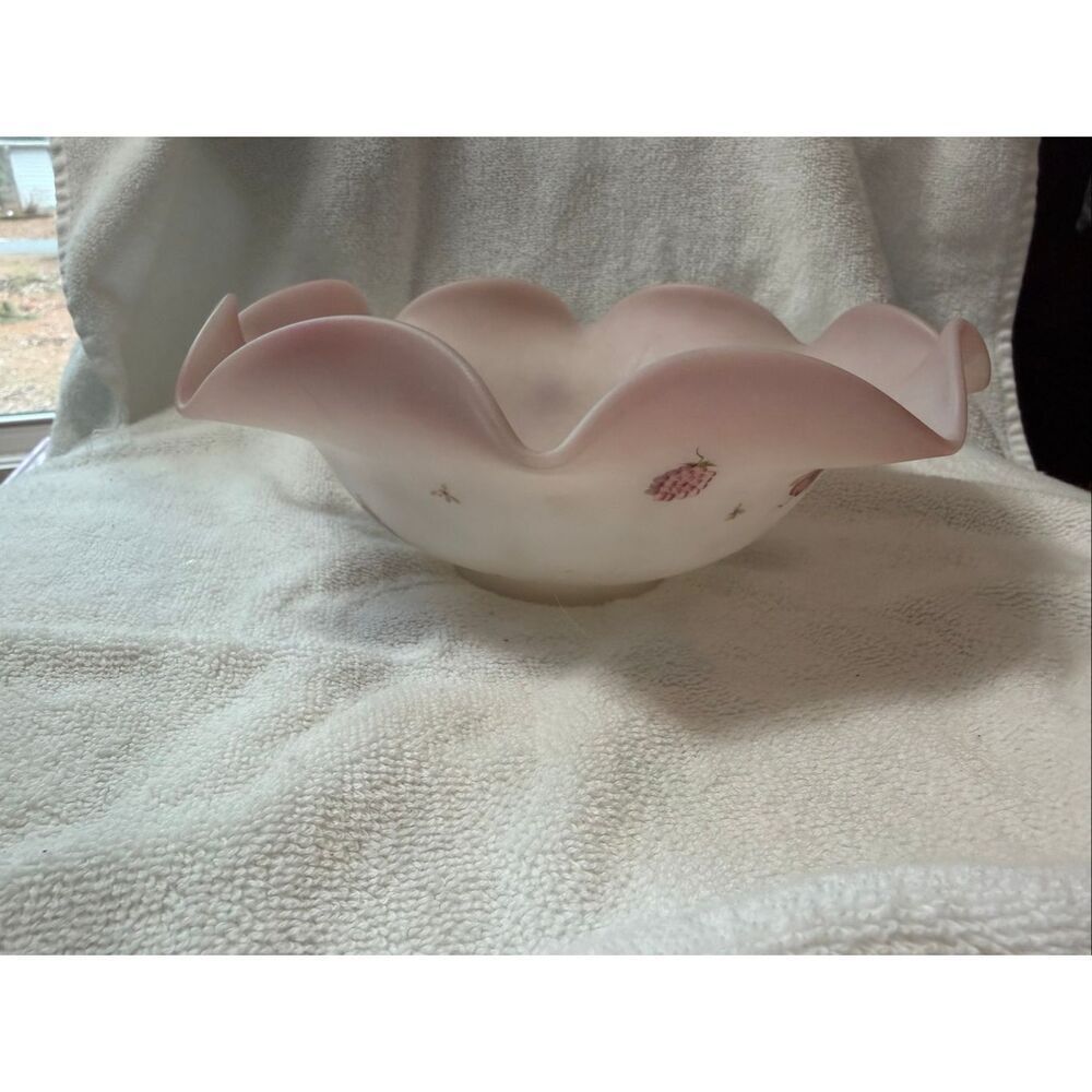 Fenton Berries And Blossoms Burmese Satin Glass Bowl Hand Painted Signed